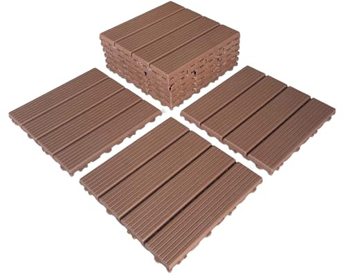 Uneeruiqy 44 Pack Interlocking Patio Deck Tiles 11.8X11.8 Square Waterproof Outdoor Flooring All Weather Use Patio Floor Decking Tiles for Patio Garden Deck Poolside (11.8X11.8, Brown, 44)