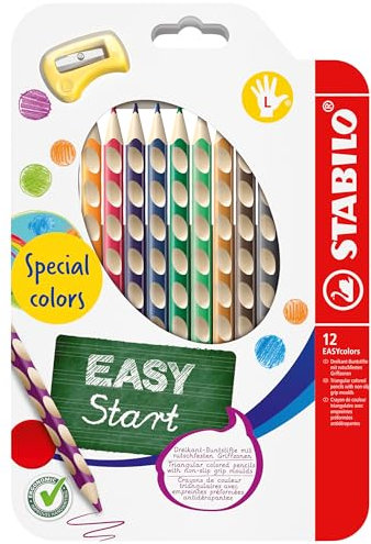STABILO - Ergonomischer Buntstift für Linkshänder - EASYcolors - 12er Pack mit Spitzer - mit 12 verschiedenen Farben - Spezialfarben