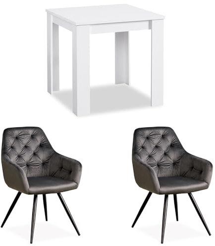 Homestyle4u Esstisch 2 Personen modern Essgruppe mit 2 Stühlen Polster Samt Grau Holz massiv Weiß 80x80 cm Polstersessel