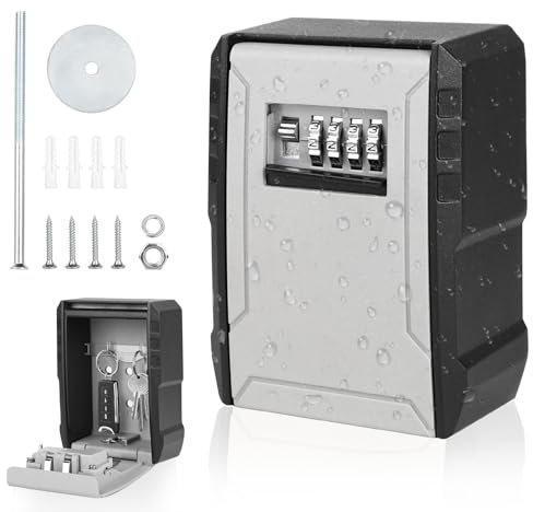 DBREAKS Schlüsselkasten mit Zahlencode, Wetterfest Schlüsseltresor Wandmontage, 4-stellig Schlüsselsafe Aussen, Schlüsselbox mit Code, Wasserdicht Schlüsselschloss für Haus Schlüssel, Garagen (Grau)