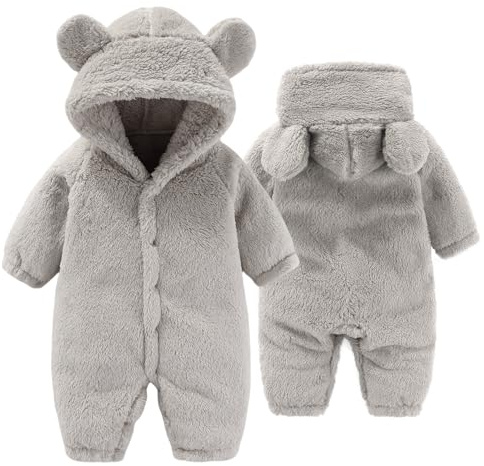 Yaopelky Snödräkt för nyfödd baby, baby, baby, fleece, sparkdräkt med huva, vintervarma ytterkläder för flickor, pojkar 0-12 m, Grå, 9-12 Months