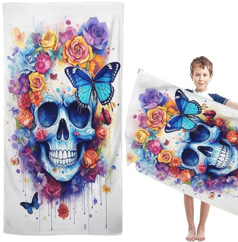 CYSYLQW Skull Totenkopf Strandtücher Groß 80×160cm Skull Blumen Skelett Badetuch Strandlaken Handtücher 50x100cm Gotisch Badetuch Groß 100x200cm Microfaser Handtücher (100 x 200 cm,3)