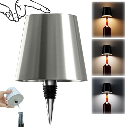 AIMARS Lampada per bottiglia senza fili, 3 colori, dimmerabile continuamente, lampada a LED ricaricabile con controllo touch, paralume senza fili per camera da letto, ristorante, bar (argento zincato