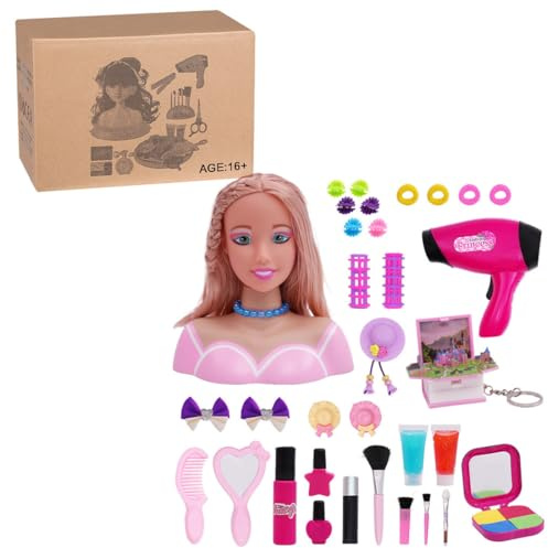 ToyGhillied Cabeza de maquillaje para niños, 33 unidades, cabeza de muñeca con accesorios para el pelo, secador de pelo, maquillaje, para peinar, muñeca rubia, juguete para niños y niñas