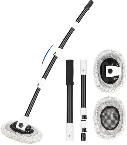 UHAPEER 15°Curve spazzola di lavaggio per auto spazzola di lavaggio telescopica, rotazione di 90 gradi, 160cm, con manico telescopico, con 2 testine mop, per camper, SUV, camion