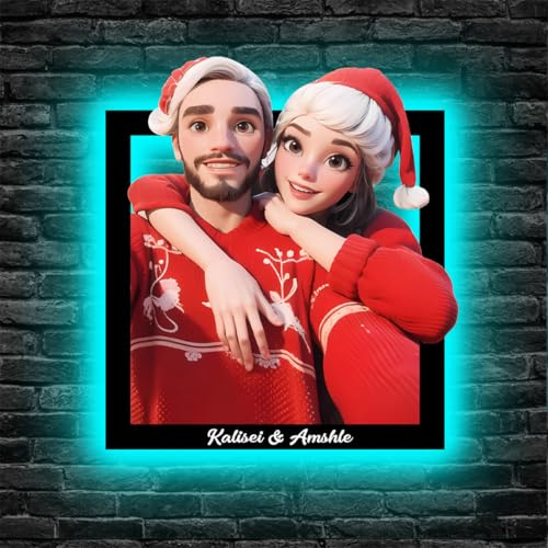 Qygtritvo Foto personalizzata in stile cartone animato, decorazione da parete in metallo con personaggio personalizzato, immagine di animazione familiare, fototessera, insegna al neon, decorazione per