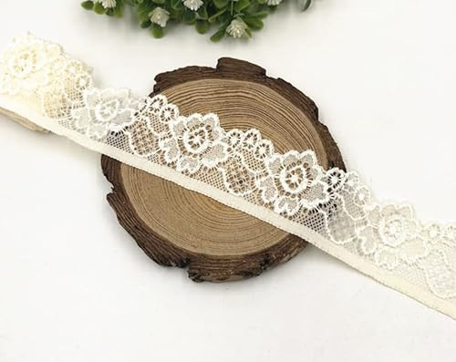 WANYI 3.3CM 5 Yards Spitze Borten Bänder zum Nähen Elastische Spitzenband Spitzenbordüre Häkelband Blumenband Spitzenstoff für DIY Handwerk Unterwäsche Höschen Kleidung (Beige 2)