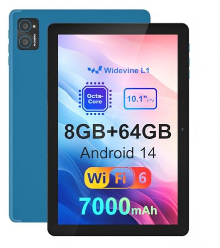 10 inch Android 14 Tablet: 8GB+64GB+1TB Expandable, Widevine L1 Netflix Certified, 8-Core CPU A523 Android Tablet, 7000mAh Battery, OTG Face Recognition Metal Body + Stand Case