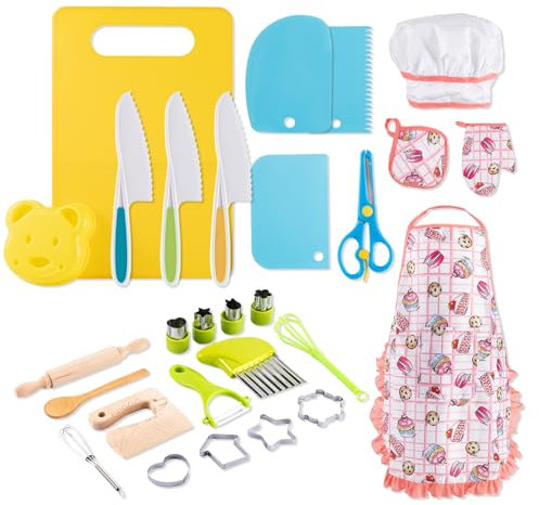 Newvenper 28-Stück Messerset Kinder für echtes Kochen - Enthält Kinder Messer, Schneidebrett, Sandwichschneider, Schäler und mehr - BPA-frei - Kochthema - Unisex - Kind