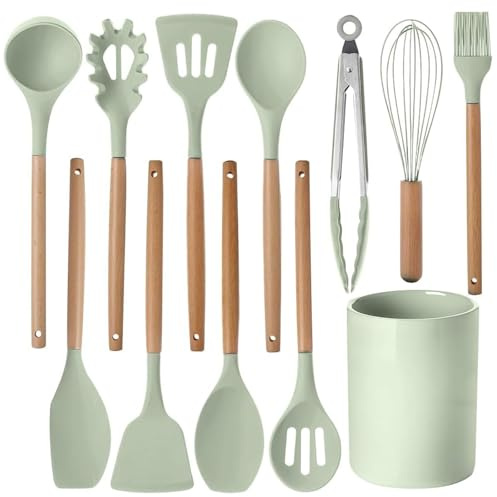 12-Piece Silicone Kitchen Utensil Set with Wooden Handles, Heat-Resistant, Nonstick Cooking Tools Set with Tongs, Spatula, Spoons & Storage Bucket, Dishwasher Safe for Home & Camping (12, Green)