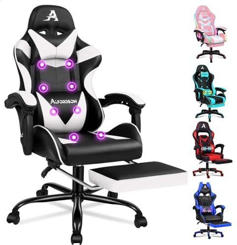 ALFORDSON Gamer-stol, spelstol med infällbart fotstöd, racingfåtölj med 8 massagepunkter, 150° lutning, ergonomisk kockfåtölj, PU-läder, höjdjusterbar, 180 kg lastkraft, vit