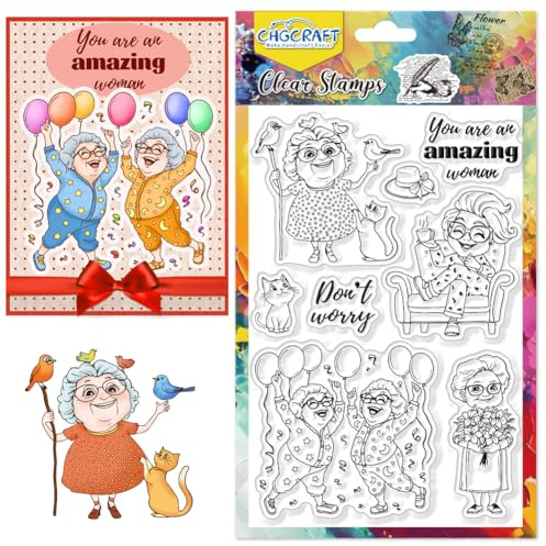 CHGCRAFT Felice divertente vecchia signora Timbri trasparenti Gatto palloncino Timbri artigianali trasparenti per il fai da te Scrapbooking Photo Album decorativo, Amicizia femminile, 6.3x4.3inch