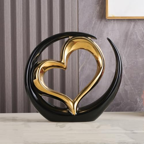 JXCBXJ Heimdekoration Kunststatue,Modernes Deko in Herzform,Keramikstatue,für Esszimmer, Wohnzimmer, Büro, TV-Ständer, Mittelstück. (Schwarzes Gold)