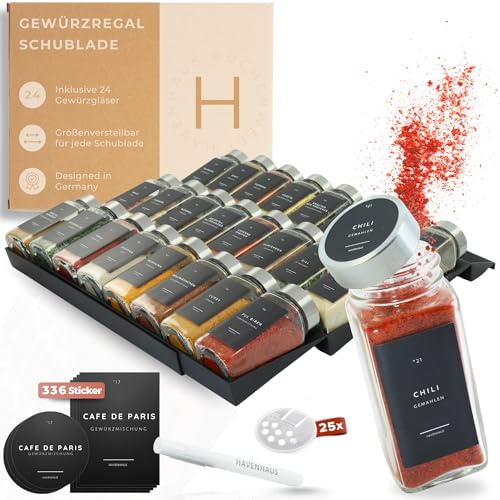 Havenhaus Gewürzgläser Set mit Regal | Gewürzregal Schublade inkl. 24 Gewürzgläser& 336 Gewürzetiketten | Gewürz Organizer Schublade verstellbar& passend für alle Schubladen | Gewürzeinsatz Schublade