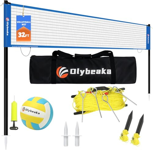 9,8 m langes tragbares Outdoor-Volleyballnetz-Set für den Hinterhof, Strand, mit höhenverstellbaren Stangen, PU-Volleyball und Pumpe, Tragetasche, Begrenzungslinie, einfacher Aufbau und Anti-Aging
