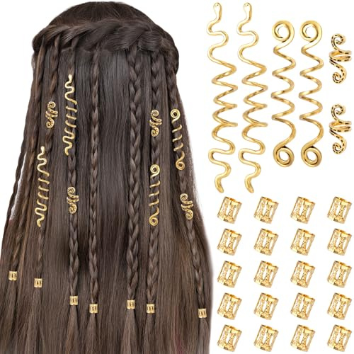 BEIQIYA 26pcs Gold Hair Jewelry for Braids, Alloy Snake Loc Hair Clip Accessories, Spiral Dreadlock Beads Barrettes Decoration for Thin Thick Long Short Curly Straight Hair