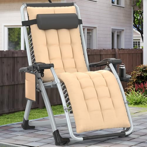 Ferghana Zero Gravity Liegestuhl Klappbar mit Polster und Getränkehalter – Gartenliege, Balkonliege, Terrassenstuhl für Garten, Strand, Pool – Beige,107x65x71cm
