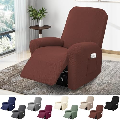 BOYIFEIJIE 1-sitsigt Fåtöljöverdrag, Fåtöljbezug Stretch med fickor, All-Inclusive Stripad Jacquard Fåtöljskydd för TV-fåtölj, Relaxfåtölj, Fåtöljhuss (Mörkbrun, 4-delad)