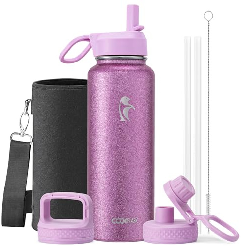 Coolflask Water Bottle 1.2L Insulated with Straw, Stainless Steel Metal 3 Lids Water Flask for Sports or Office, Keep Cold 48H Hot 24H, Glitter Pink