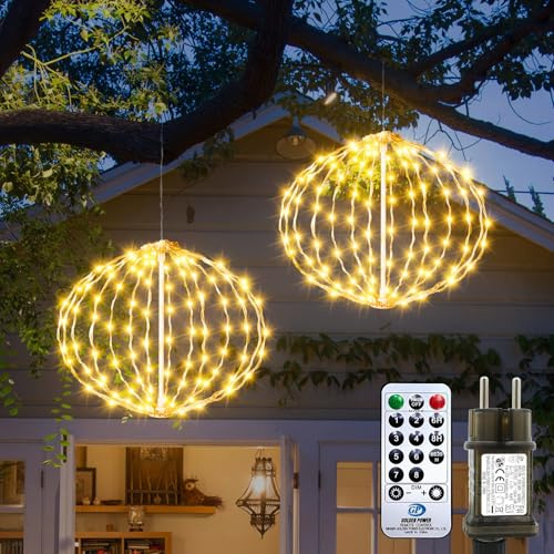 Bigzom Sfera di illuminazione natalizia, 20 cm, per esterni, con timer, 81 LED, per esterni, impermeabile, 8 modalità, per finestre, soggiorno, balcone (2 pezzi, bianco caldo)