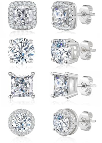 Geveay Mens Silver Earrings Hypoallergenic Sterling Silver Stud Earrings For Men Brilliant Round Cut Diamond Cubic Zirconia Silver Stud Earrings Gifts For Men Women