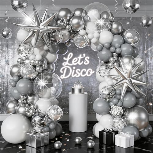 Weiß Silber Luftballons Girlande Bogen Kit, 113pcs Weiß Grau Klar Luftballons Konfetti Silber Explosion Stern 4D Folienballon für Winter Wunderland Urlaub Weihnachten Geburtstag Eis Schnee Party