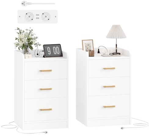 FirFurd 3-Drawer Bedside Table Set of 2 with 2 AC Outlets 2 USB Ports White | Modern Bedside Cabinet with Baffle, Nightstand for Bedroom, Side End Table for Living Room Home Office, 40Wx38Dx66Hcm