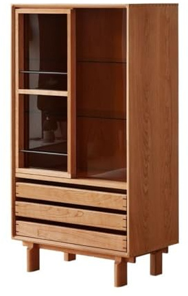 guiling-1986 Farmhouse Storage Cabinet Living Room Storage Display Side Cabinet Elevated Base Wall-Mounted Glass Sliding Doors Adjustable Shelves Chests of Drawers