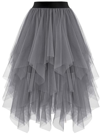 Tüllrock Damen mit Gefüttert Tüll Röcke High Low Layered Puffy Fee Röcke A-Linie Midi Rock Unregelmäßiger Tutu Rock Faschingskostüme Damen Party Outfit Karneval Kostüm