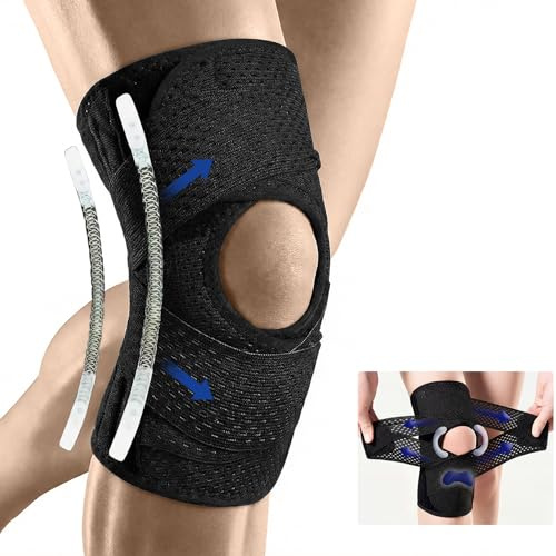 KATLKIU Rodillera con estabilizadores laterales y soporte de rótulo, rodillera ajustable con correas cruzadas, soporte de compresión para menisco, ACL, osteoartritis y deporte