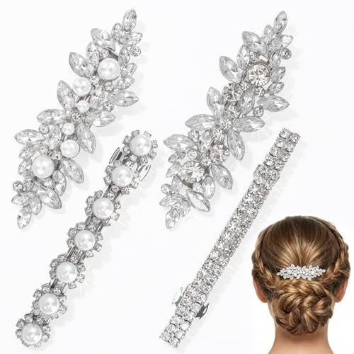 SHENLIU 4 stycken glitter hårspännen silver, strass och zinklegering hårsmycke bröllop för brud, eleganta franska hårspännen 4 mönster (silver)