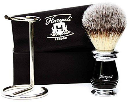 Reines Weißes Haar-Rasierpinsel für Herren mit Neu Entwickelt Handstück in Schwarz & Metall Farbe Pinsel Halter / Ständer Lieferung einer Sehr Speziell Verpackung. Geschenkideen für