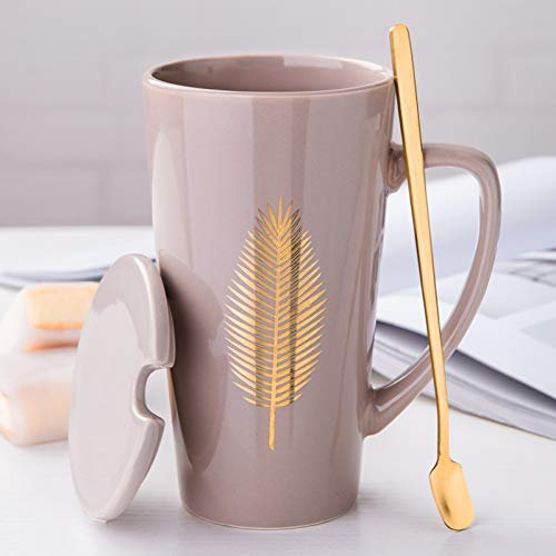 MUXUE Große Teetassen 500ml, Elegante Kaffeetasse mit Deckel und Löffel, Keramik Kaffee Tee Tasse für Freunden und Familien Als Überraschungsgeschenk（Grau）