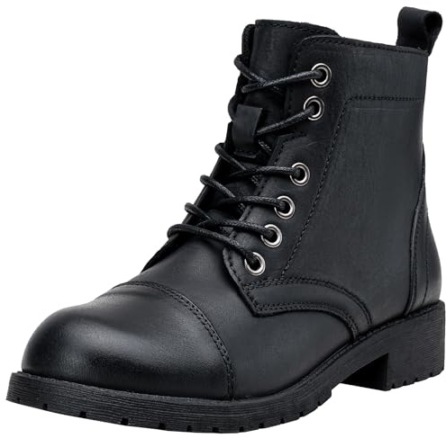 Vepose Women's Leather Ankle Boots, Lace Combat Booties, 910L - Black, Size 7.5 US - with Inside Zipper (CJY910L Black 07.5)