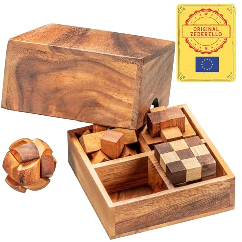 Zederello Knobel-Spiel Box mit 4 Logik-Spielen in Holz-Verpackung, Denk, Set, Geduldspiel-Sammlung, Holzpuzzle Erwachsene 3D Puzzle Holz Heschicklichkeitsspiel