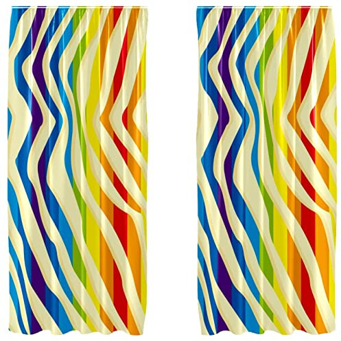 Juego de 2 cortinas de panel, juego de 2 paneles decorativos ligeros y bolsillo para barra, 55 x 84 pulgadas, rayas de colores arco iris, rojo, azul, morado y amarillo