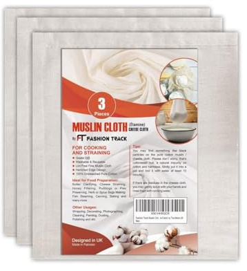 FT Fashion Track Musselin-Tücher zum Kochen, Passiertuch, 3 Stück Käsetuch zum Backen und Filtern, 35 x 50 cm, Güteklasse 90, fusselfrei, 100% ungebleichte Baumwolle, wiederverwendbares Passiertuch