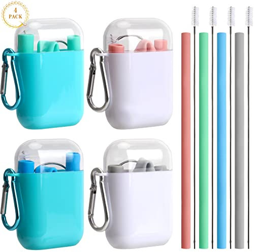 Anruyi Strohhalme Silikon, wiederverwendbare Silikonstrohhalme 4er bunte Strohhalme Silikon Flexible Bpa-Frei mit 2 Reinigungsbürsten 2 Boxen Trinkhalme für Kinder und Erwachsene(25x 1.1cm, Bunte)