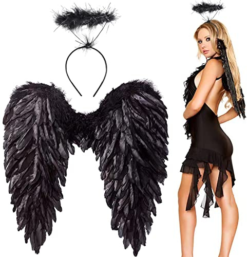 Winwild Engelsflügel mit Heiligenschein,Engel und Teufel Flügel Kostüm Damen,Feen Kostüm Erwachsene für Halloween Karneval Cosplay Party Fasching Kostümparty Verkleidung(Schwarz,60 x 60 cm)