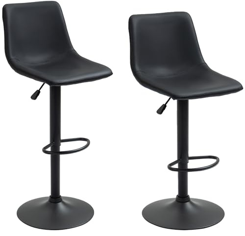 HOMCOM Lot de 2 tabourets de Bar Style Vintage réglable pivotant avec Repose-Pieds revêtement synthétique - Noir - Hauteur réglable 90-110 cm