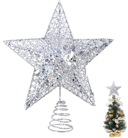KEYIDO Silver Small Christmas Tree Topper Mini Star for Christmas Tree Metal Xmas Small Star for Top of Christmas Tree Decorations Width 12cm/4.7Inch High 15cm/6Inch