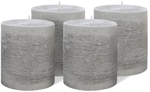 Brandsseller 4er Set Stumpenkerzen 9x10 cm – durchgefärbt & aus Paraffin – rustikale Kerzen mit langer Brenndauer – Dekokerzen für Tischdeko, Weihnachten & Feste – Grau