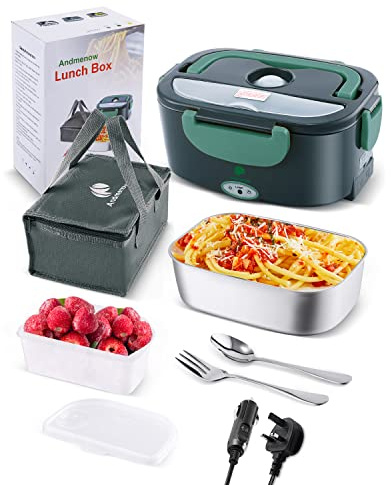 Andmenow Scaldavivande elettrico 80 W, portatile per casa, ufficio, camion, auto, con riscaldatore in acciaio inossidabile 304, cucchiaio, forchetta e borsa