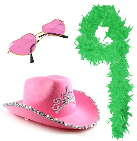 Love Tour Zubehör Set - Rosa Cowboyhut mit Diadem, grüne Federboa, herzförmige Sonnenbrille - Erwachsene Pop Icon Konzert Fasching Kostüm