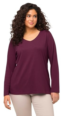 Ulla popken damer stora storlekar överdimensionerade plus size skjorta, smal, V-hals, långärmad, Mörka bär, 62-64