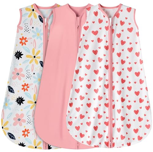BSTOPPT 3 Pack Baby Sleep Sack 12-18 Months 100% Rayon Cotton Baby Sleeping Bag 2-Way Zipper Toddler Wearable Blankets Comfy Stretchy Lightweight TOG 0.3 （Heart&Pink&Floral）