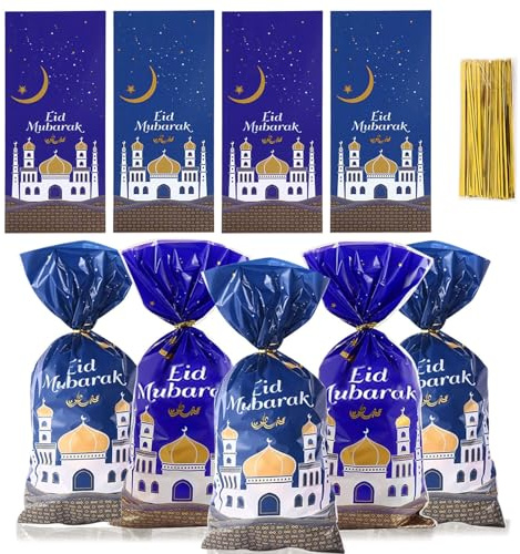 100 Stk Eid Mubarak Partytüten, Ramadan Geschenktüten, Eid Mubarak Party Favor Taschen mit 100 Golden Twist Krawatten, Moschee Cellophan Plastik Geschenktasche für Party Deko (Lila+Blau)