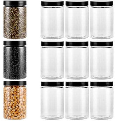 YAYODS 12 recipientes de plástico con tapa negra - 290 ml transparente latas de almacenamiento - Ronda hermética lata para cocina en casa, condimentos, confitería, té, frutos secos