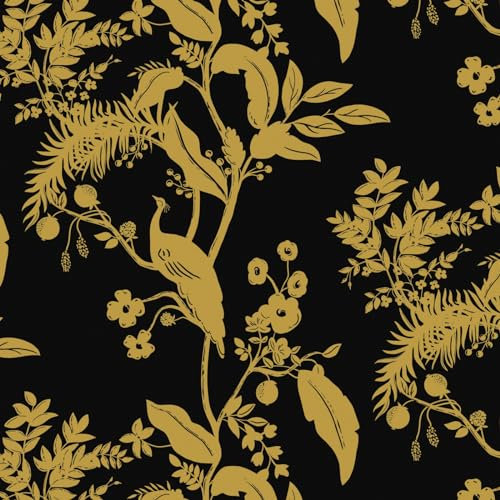 Fiula Papel tapiz autoadhesivo para despegar y pegar, 44 cm x 3 m, papel adhesivo negro y dorado, papel de contacto con pájaros, hojas florales, vinilo, urdimbre, vintage, para muebles, sala de estar