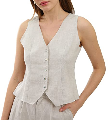 Amazhiyu Gilet da donna in lino, senza maniche, con scollo a V, corto, con bottoni, vestibilità aderente, cinghie regolabili, Lino, S